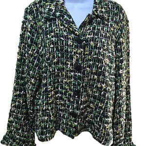 Vintage Green  Yellow Textured Tweed Button-Up Jacket old money elegant classic